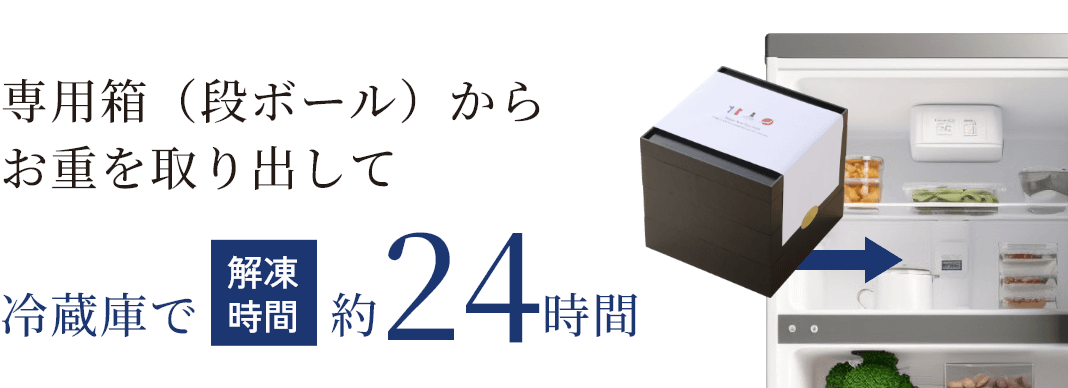 専用箱（段ボール）からお重を取り出して冷蔵庫で解凍時間約24時間