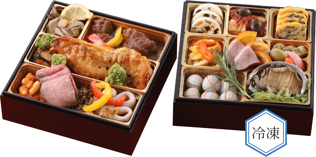 重箱に盛り付けられた状態でお届け。すぐ食卓に並べられます。