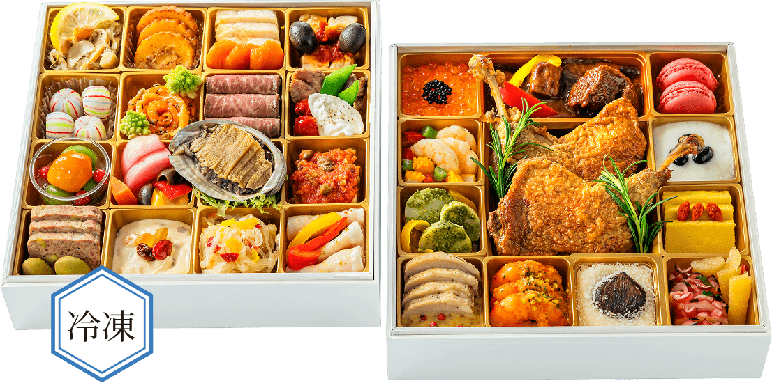 重箱に盛り付けられた状態でお届け。すぐ食卓に並べられます。